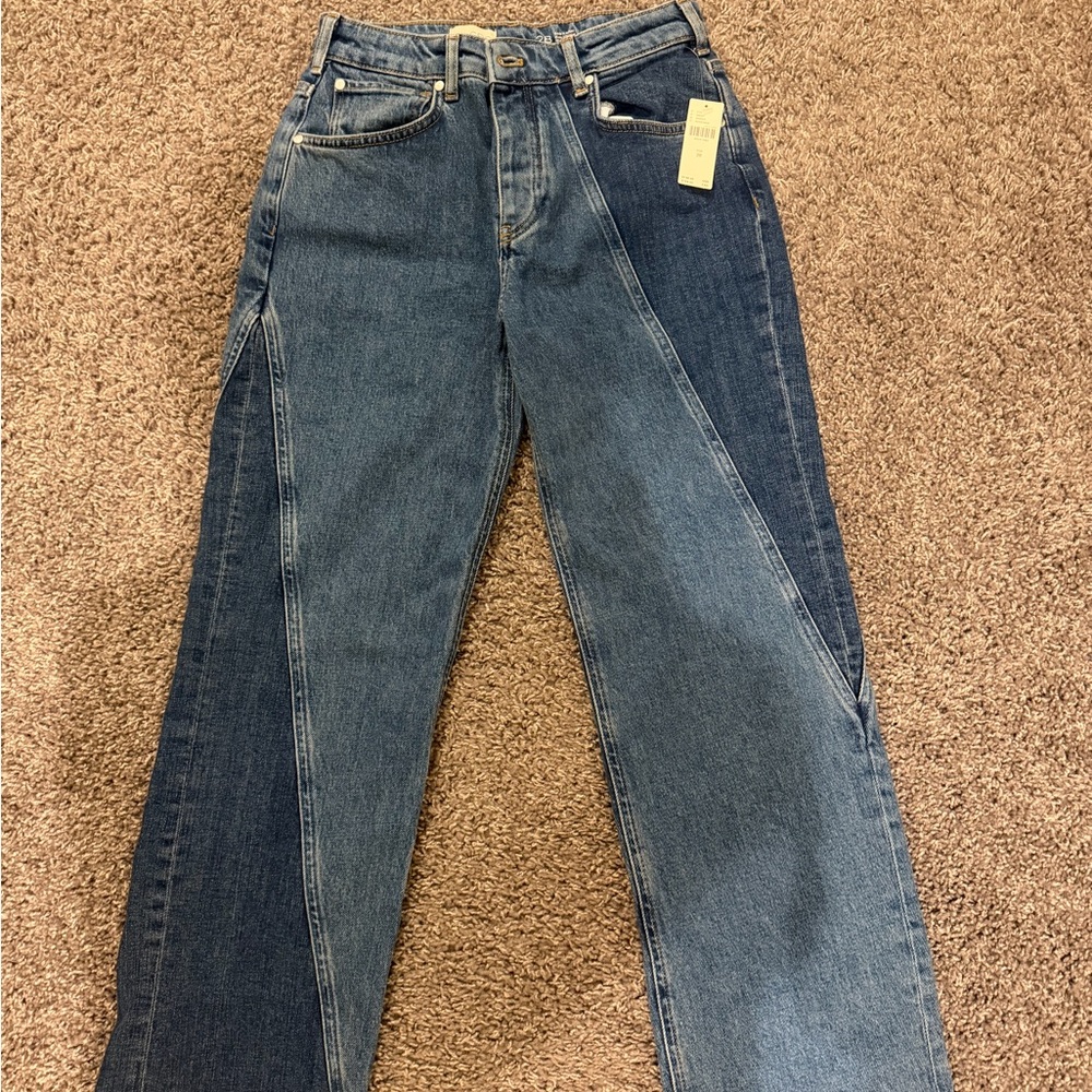Pilcro Two-Tone Straight Leg Jeans in Dark and Light Blue